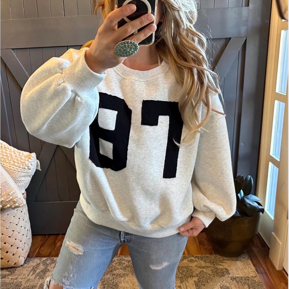 Varsity Letter Cozy Oversized Cozy Grey Sweatshirt Top Sweater - Picture 2 of 8